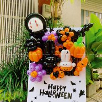 Bảng hoa bong bóng Happy Halloween, chủ đề Vô Diện, tone cam đen