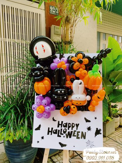 Bảng hoa bong bóng Happy Halloween, chủ đề Vô Diện, tone cam đen