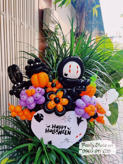 Bảng hoa bong bóng Happy Halloween, chủ đề Vô Diện, tone cam đen