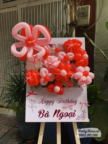 Bảng hoa bong bóng sinh nhật cho người lớn, tone đỏ hồng - Happy Birthday Bà Ngoại