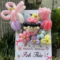 Bảng hoa bong bóng sinh nhật, chủ đề Bé Thỏ và Vườn Hoa, tone hồng pastel - Anh Thảo