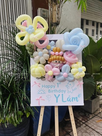 Bảng hoa bong bóng sinh nhật, chủ đề Công chúa, tone pastel xanh vàng - Y Lâm