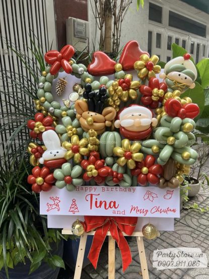 Bảng hoa bong bóng sinh nhật, chủ đề Noel, tone đỏ vàng ánh kim – Tina