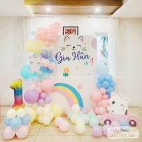 Backdrop sinh nhật chủ đề bé Mèo mộng mơ, tone màu pastel