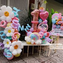 Combo bong bóng tạo hình mừng đầy tháng, chủ đề vườn hoa cầu vồng, tone màu pastel