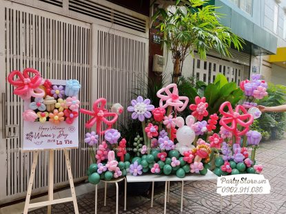 Combo bong bóng tạo hình mừng ngày 20-10, chủ đề vườn hoa bong bóng, tone hồng đỏ