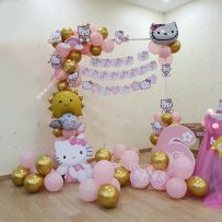 Set bong bóng trang trí sinh nhật, chủ đề Hello Kitty, tone hồng vàng gold