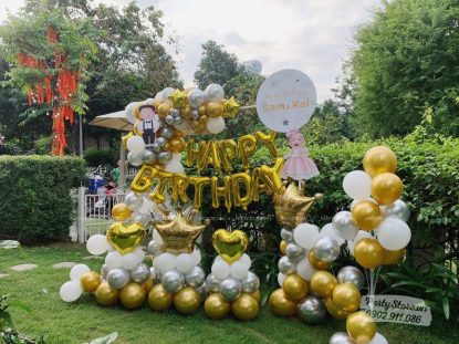 Set bong bóng trang trí sinh nhật, tone màu trắng, bạc, vàng gold