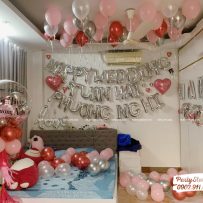 Set trang trí theo chủ đề Happy Wedding, tone màu hồng bạc ánh kim