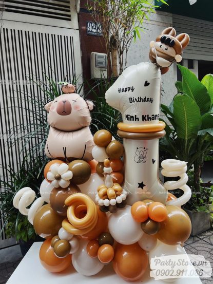 Trụ bong bóng sinh nhật tạo hình chủ đề Capybara, tone màu nâu beige