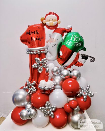 Trụ bong bóng sinh nhật tạo hình chủ đề Noel, tone màu đỏ bạc