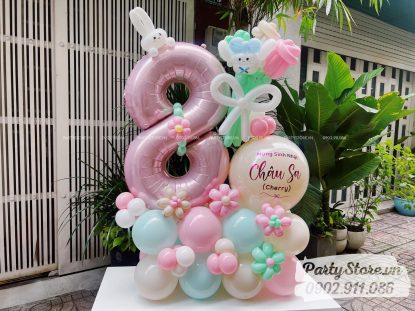 Trụ bong bóng sinh nhật tạo hình chủ đề bé Thỏ, tone màu pastel