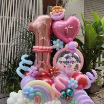 Trụ bong bóng sinh nhật tạo hình chủ đề cầu vồng sắc màu, tone màu pastel