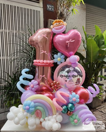 Trụ bong bóng sinh nhật tạo hình chủ đề cầu vồng sắc màu, tone màu pastel