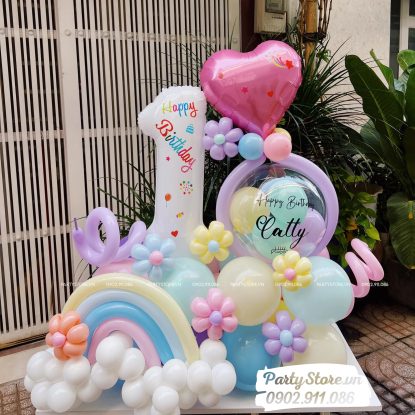 Trụ bong bóng sinh nhật tạo hình chủ đề cầu vồng sắc màu, tone màu pastel