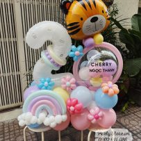 Trụ bong bóng sinh nhật tạo hình chủ đề chú Hổ, tone màu pastel