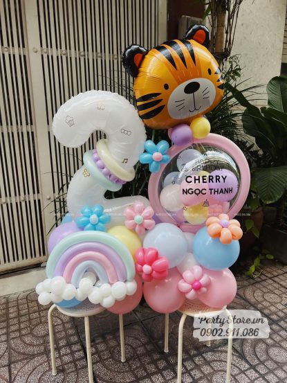 Trụ bong bóng sinh nhật tạo hình chủ đề chú Hổ, tone màu pastel